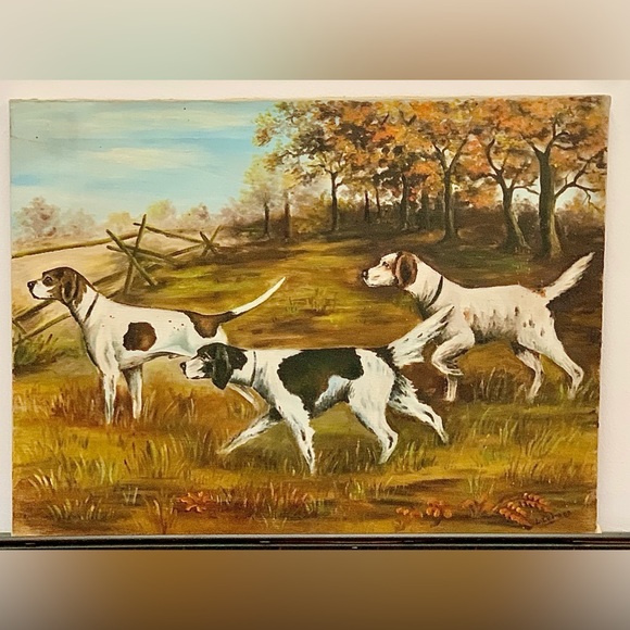 Mid Century Vintage Acrylic on Canvas 3 Dogs Hunting in Field Painting - Picture 3 of 13